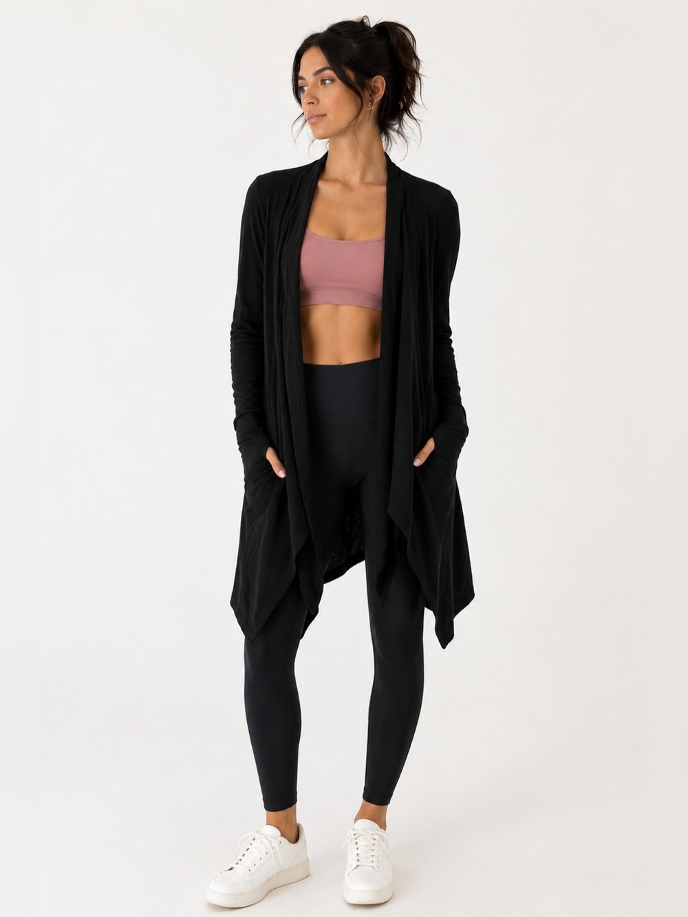 MPG Sport Black Convertible Wrap Cardigan Thumbholes Longline Yoga Jacket